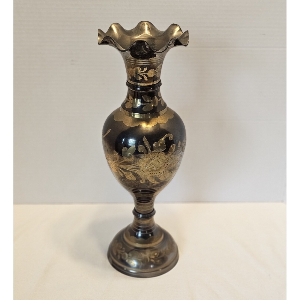 Vintage Brass Black Enamel Finish Gold Tone Floral India 14"H
